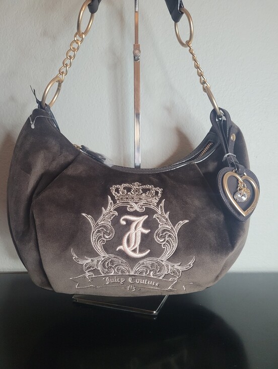 Juicy Couture Handbags - Juicy Couture Dark Brown Velvet Crest Hobo with Gold Heart Charm
